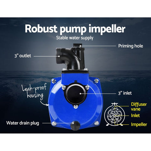 Giantz 3" Petrol Water Pump 7HP Max 4-Stroke 210cc High Flow 60,000L/H Max Transfer Engine, Fire Fighting Irrigation Rain Tank Pond Garden Farm, Includes Hose Fittings Inlet Filter & Rubber Feet, Blue
