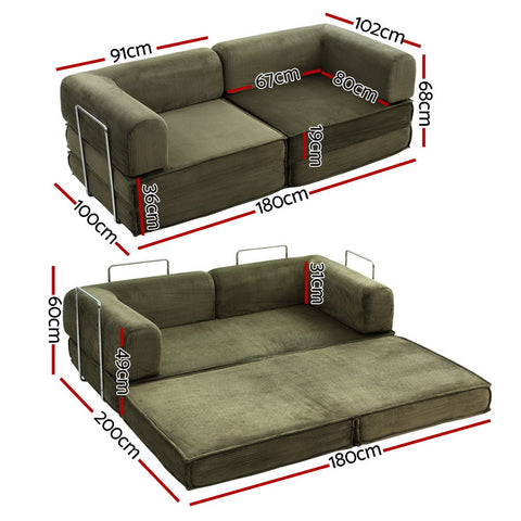 Artiss Convertible Folding Sofa Bed Pull Out Mattress Sleeper Couch Corduroy Green