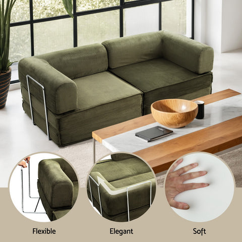 Artiss Convertible Folding Sofa Bed Pull Out Mattress Sleeper Couch Corduroy Green