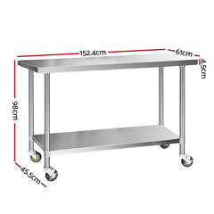 Cefito 1524x610mm Stainless Steel Kitchen Bench with Wheels 430
