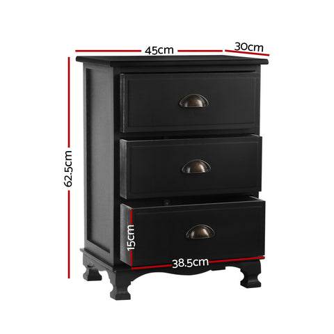 Artiss 2x Bedside Table 3 Drawers Vintage - THYME Black