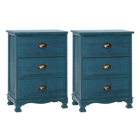 Artiss 2x Bedside Table 3 Drawers Vintage - THYME Blue