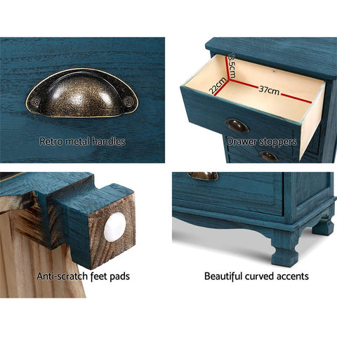 Artiss 2x Bedside Table 3 Drawers Vintage - THYME Blue