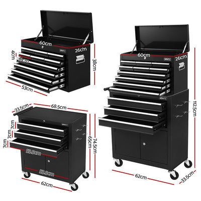 Giantz 13 Drawer Tool Box Cabinet Chest Toolbox Storage Garage Organiser Black