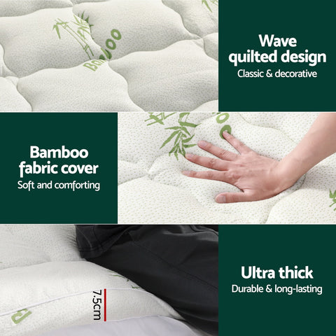 Giselle Bedding Pillowtop Mattress Topper 7.5cm Thick Bamboo Pad for Back Pain Relief Washable Skin-friendly Bed Protector with 45cm Deep Pocket King Single