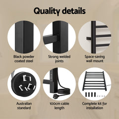 Devanti Heated Towel Rail 8 Square Bars with Timer Electric Heater Warmer Rack