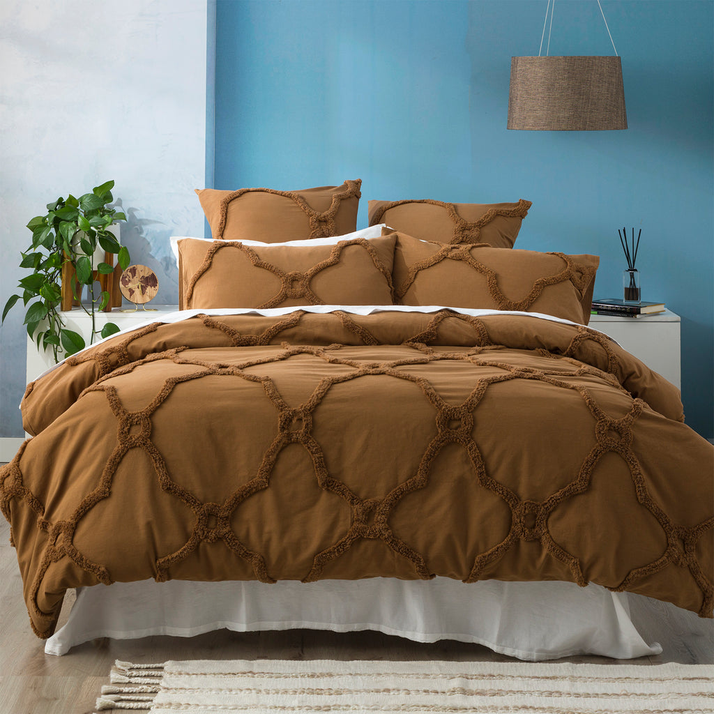 Moroccan 100% Cotton Chenille Vintage Washed Tufted Wood Quilt Cover Set by Renee Taylor Queen