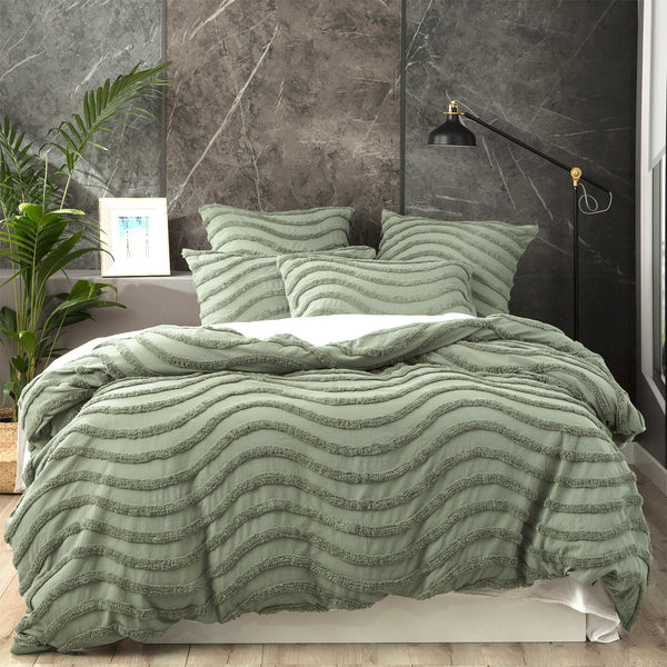 Chenille Wave 100% Cotton Vintage Washed Sage Tufted Quilt Cover Set by Cloud Linen Double