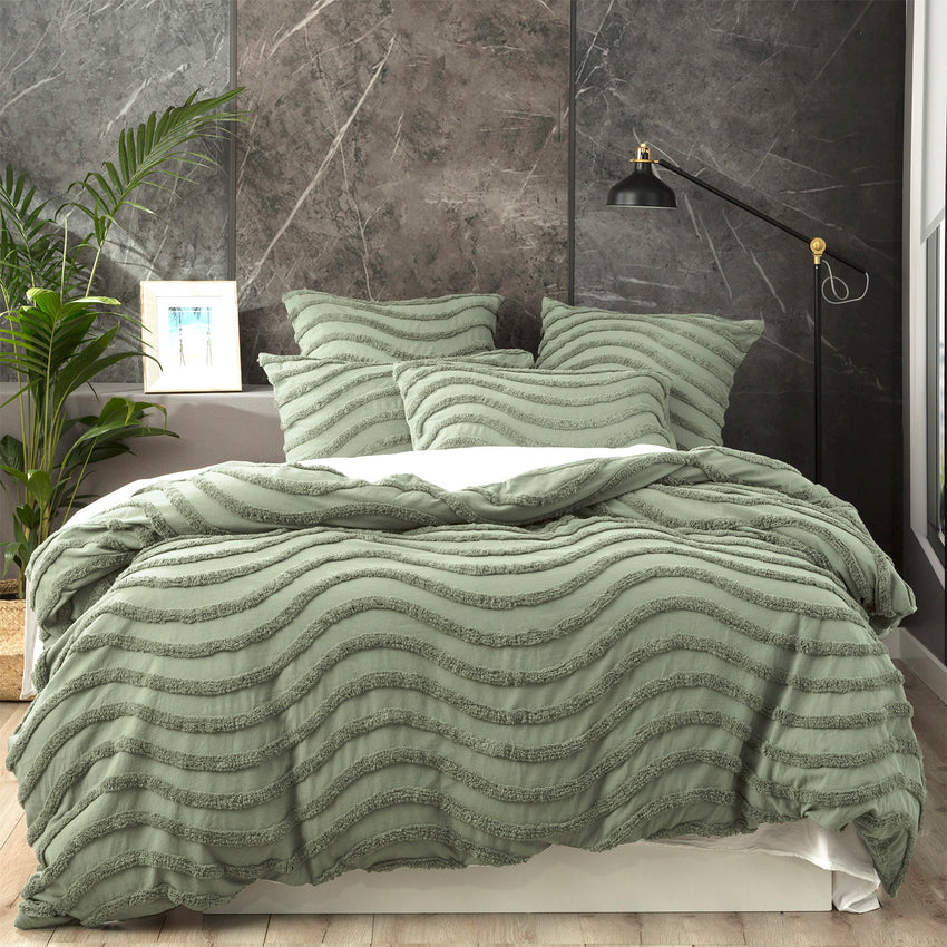 Chenille Wave 100% Cotton Vintage Washed Sage Tufted Quilt Cover Set by Cloud Linen Queen