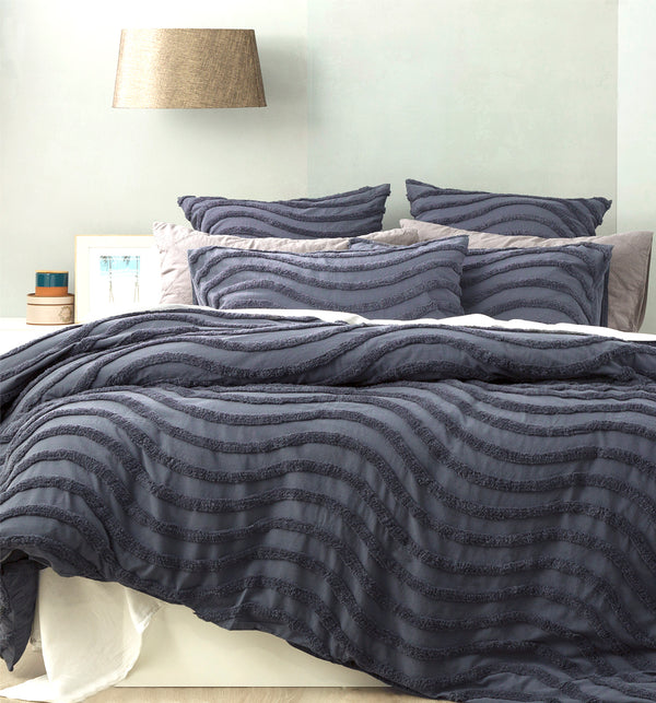 Chenille Wave 100% Cotton Vintage Washed Blue Tufted Quilt Cover Set by Cloud Linen Queen