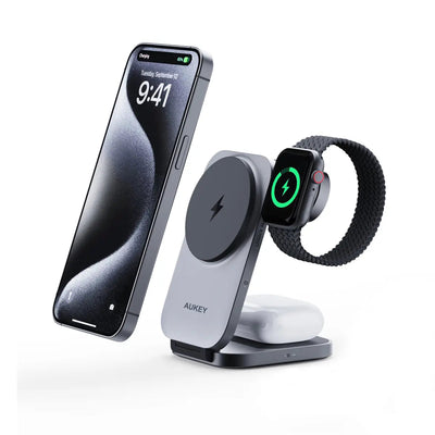 AUKEY MagFusion Z Qi2 15W 3-in-1 Foldable Wireless Charger for iPhone, Apple Watch & AirPods – LC-MC312
