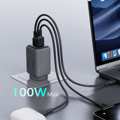 AUKEY Comet 100W GaN 3-Port USB-C & USB-A Fast Wall Charger with 1.8m 100W USB-C Cable for Laptops, MacBook, iPads & Phones – PA-C5
