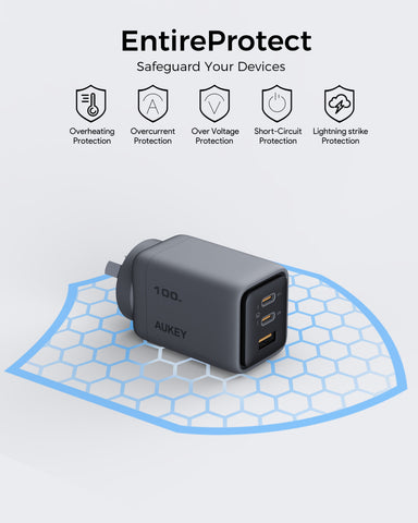 AUKEY PA-C5 Comet 100W PD Fast Wall Charger GaN USB-C with 100W 1.8m USB-C to C Cable