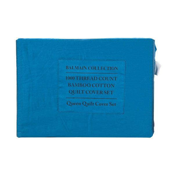Balmain 1000 Thread Count Hotel Grade Bamboo Cotton Quilt Cover Pillowcases Set - Queen - Mineral Blue