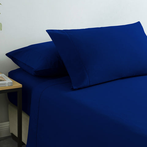 Royal Comfort Vintage Washed 100% Cotton Sheet Set Fitted Flat Sheet Pillowcases - Single - Royal Blue
