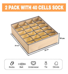 Set of 2 Fabric Drawer Organizer Divider Storage Boxes for Storing Socks, Underwear, Ties, Scarves (Beige)
