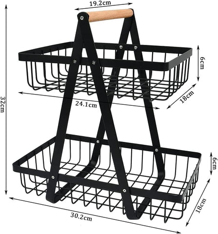 CARLA HOME 2-Tier Fruit Basket Stand for Kitchen Countertop for Fruits, Vegetables, Bread & Snacks with Wooden Handle