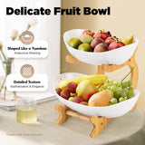 CARLA HOME 2-Tier Plastic Fruit Bowl Basket with Bamboo Stand for Kitchen Counter, Snack Tray, Dessert Server & Vegetable Storage Rack