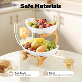 CARLA HOME 2-Tier Plastic Fruit Bowl Basket with Bamboo Stand for Kitchen Counter, Snack Tray, Dessert Server & Vegetable Storage Rack