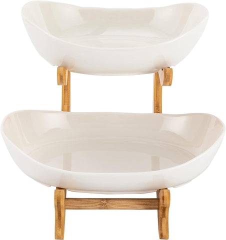 CARLA HOME 2-Tier Plastic Fruit Bowl Basket with Bamboo Stand for Kitchen Counter, Snack Tray, Dessert Server & Vegetable Storage Rack