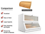 CARLA HOME Double Layer Bamboo Bread Box for Kitchen Counter - Large Capacity Bread Storage Container with Clear Window, Easy Assembly, Farmhouse Style Bread Holder (White)