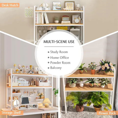 CARLA HOME  2-Tier Metal Desktop Hutch Bookshelf with Grid Panel for Computer Desk and Office Countertop
