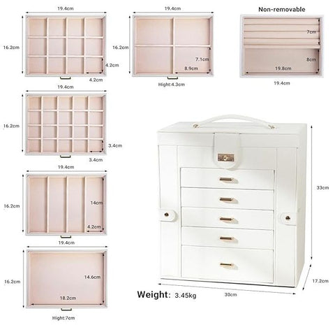 CARLA HOME 6-Layer Large Jewelry Box for Women withDrawers, Mirror, Lock, Necklace Hooks & Side Compartments for Rings, Earrings, Bracelets, Gifts (White)