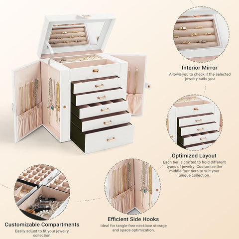 CARLA HOME 6-Layer Large Jewelry Box for Women withDrawers, Mirror, Lock, Necklace Hooks & Side Compartments for Rings, Earrings, Bracelets, Gifts (White)