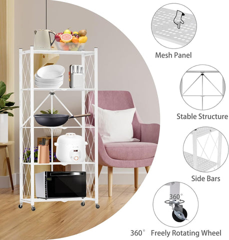 CARLA HOME 5-Tier Foldable Storage Shelf with Wheels for Kitchen, Garage, Pantry or Basement (White)