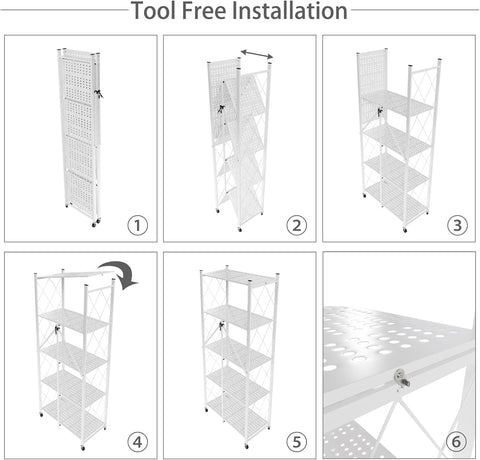 CARLA HOME 5-Tier Foldable Storage Shelf with Wheels for Kitchen, Garage, Pantry or Basement (White)