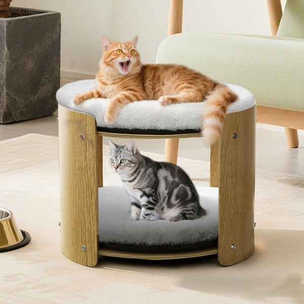 Elevated Double Cat Bed 2-Tier Wooden Plush Kitten Lounge