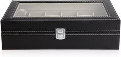 Black PU Leather Watch Organizer Display Storage Box Cases for Men & Women (12 slots)