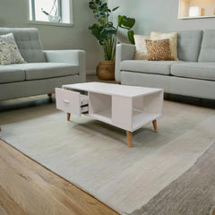 White Coffee Table Storage Drawer & Open Shelf With Wooden Legs