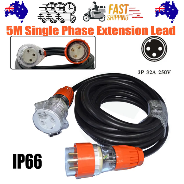 32 Amp 5m 3 Pin Extension Lead Single Phase 250V Rubber Cable Male/Female Plug