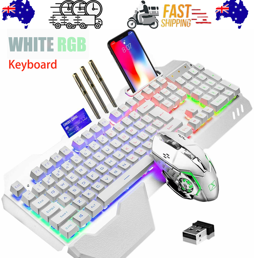 104 Keys Wireless Gaming Keyboard Mouse Set+Mouse Pad, RGB LED Backlit PC/Laptop White-RGB