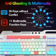 104 Keys Wireless Gaming Keyboard Mouse Set+Mouse Pad, RGB LED Backlit PC/Laptop White-RGB