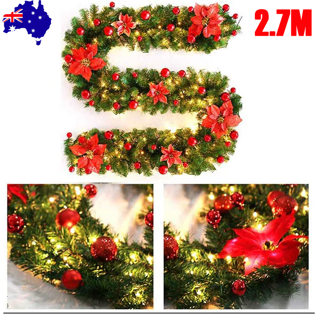 2.7M Christmas Garland with Lights Rattan Artificial Fireplace Wreath Stair Deco