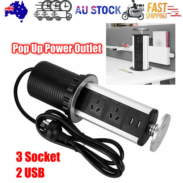 Pop Up Power Point 3 Socket Plug + 2 USB Table Home Kitchen Desk Outlet