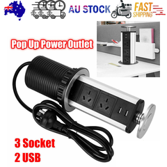 Pop Up Power Point 3 Socket Plug + 2 USB Table Home Kitchen Desk Outlet