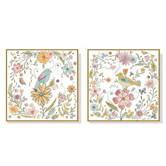 Wall Art 40cmx40cm Floral birds 2 Sets Gold Frame Canvas