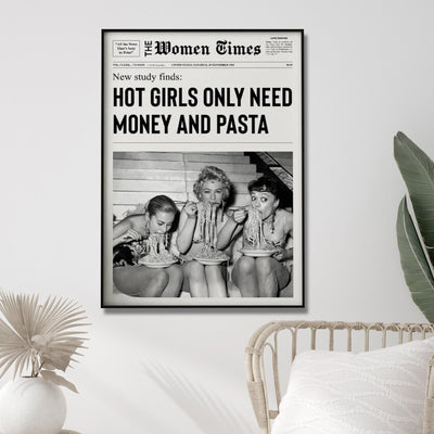 Wall Art 50cmx70cm Vintage Fashion Woman Eating Pasta, Black Frame Canvas