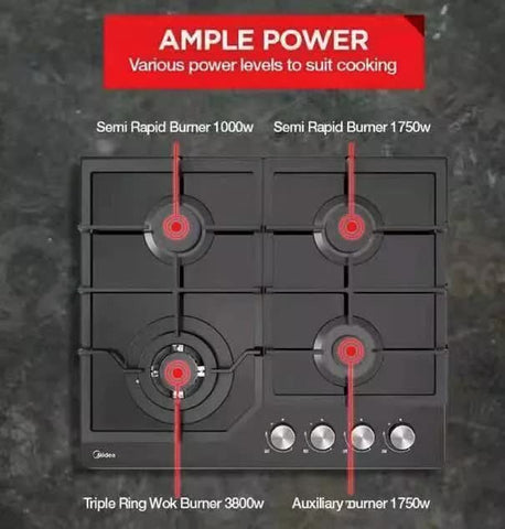 Gas Glass Cooktop 60cm Black