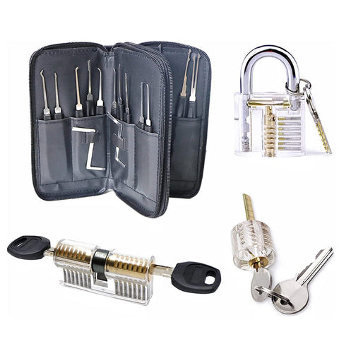 GOMINIMO 34 Pcs Lock Picking Kit with 3 Transparent Practice Training Padlocks 6 Keys and a Carrying Bag (Black) GO-LPK-100-RYT