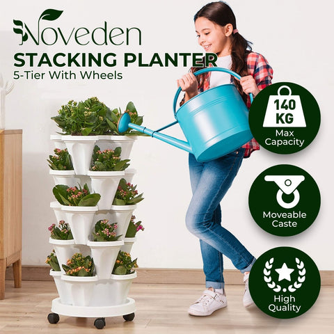 NOVEDEN 5 Tier Stacking Planter Vertical Garden with Heavy Duty Trolley Wheels (45cm)