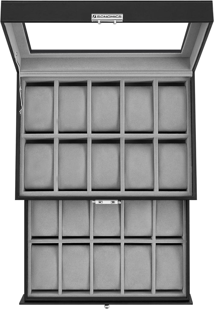 SONGMICS 20-Slot Watch Box with Glass Lid 2 Layers Black Synthetic Leather Gray Lining