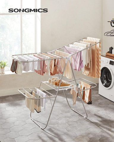 SONGMICS Foldable 2-Level Large Clothes Drying Rack with Adjustable Wings 33 Drying Rails and Clips Silver and White