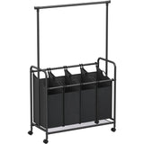 SONGMICS 4-Bag Laundry Sorter Rolling Cart with Hanging Bar Heavy-Duty Wheels Black