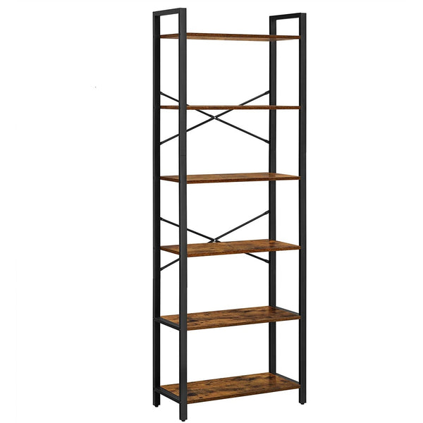 VASAGLE 6-Tier Bookcase Storage Shelf Steel Frame for Living Room Study Office Hallway Industrial Design Vintage Brown Black