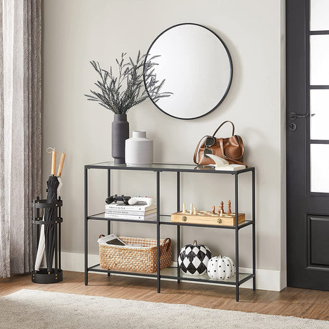VASAGLE Storage Rack Console Sofa Table with 3 Shelves Steel Frame Tempered Glass Shelf Modern Style Black