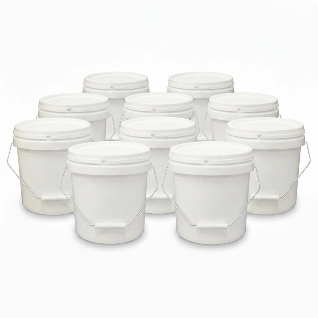 Kitchee Bulk 10x 10L Plastic Buckets + Lids - Empty White With Handle Large Pail